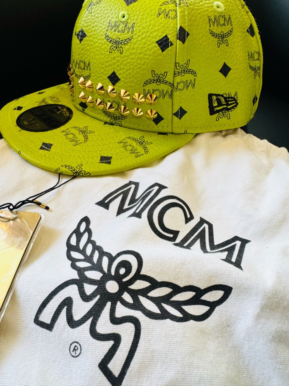 MCM Neon Yellow Logo Leather Studded Snapback Hat - Picture 4 of 6